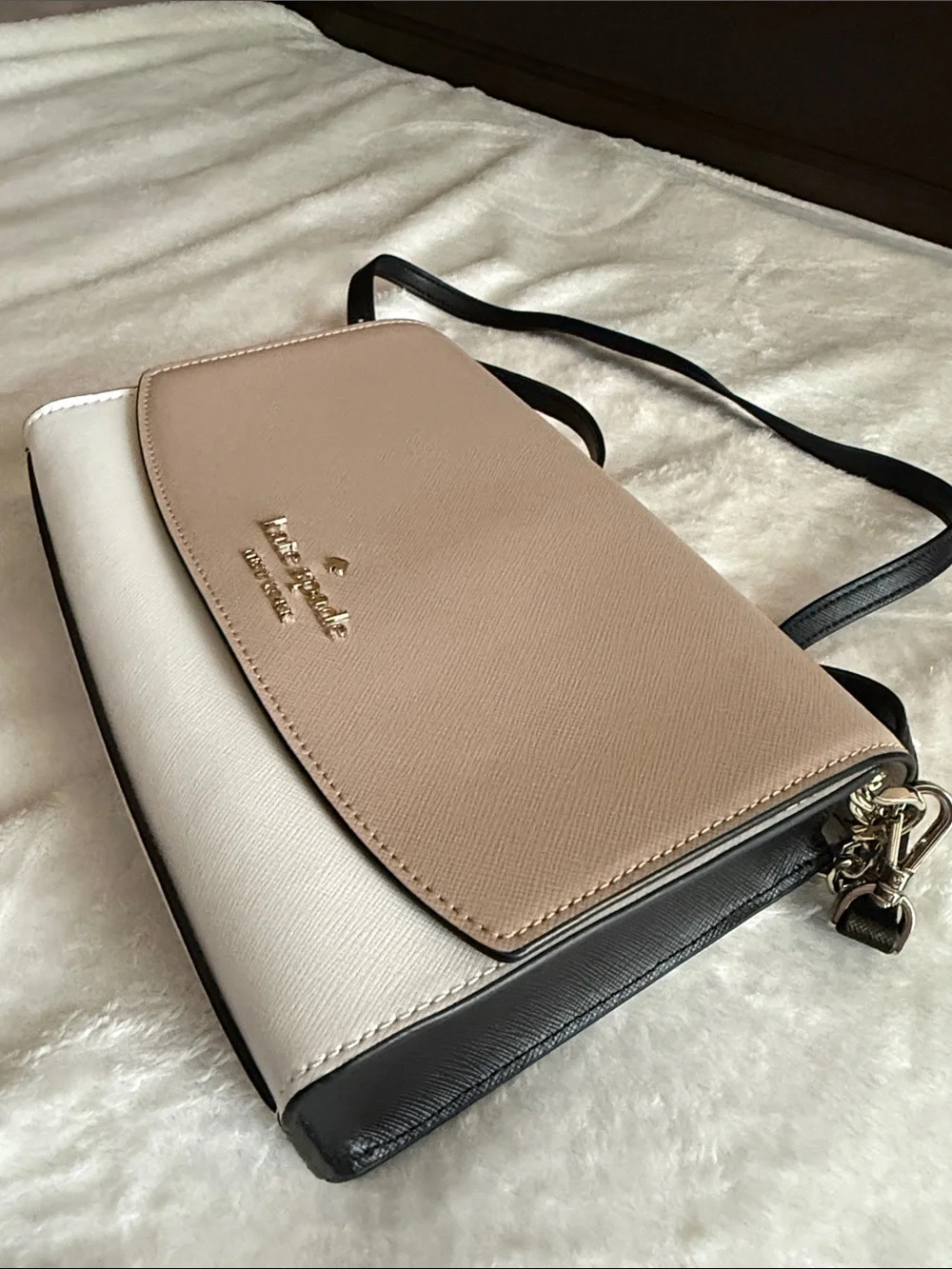 Kate Spade Beige and White Saffiano Leather Crossbody with Black Strap